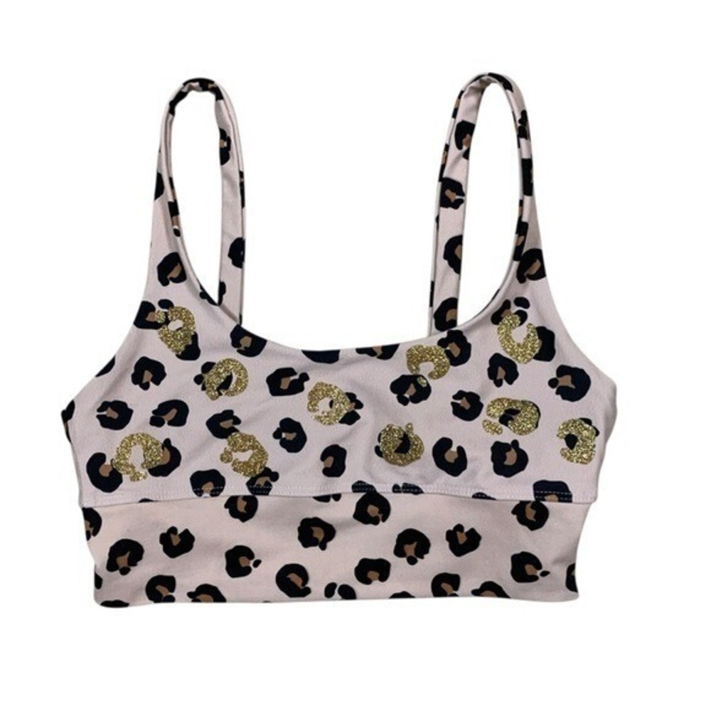 Beach Riot Leah Top Gold Glitter Leopard Print Sports Bra Pink Black Small